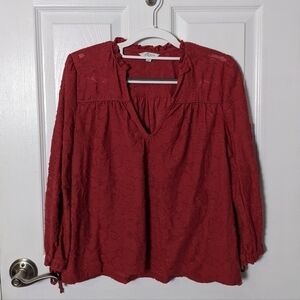 EUC Lucky Brand Red Lace Bohemian Sheer 3/4 Sleeve Blouse Top Size XS‎
